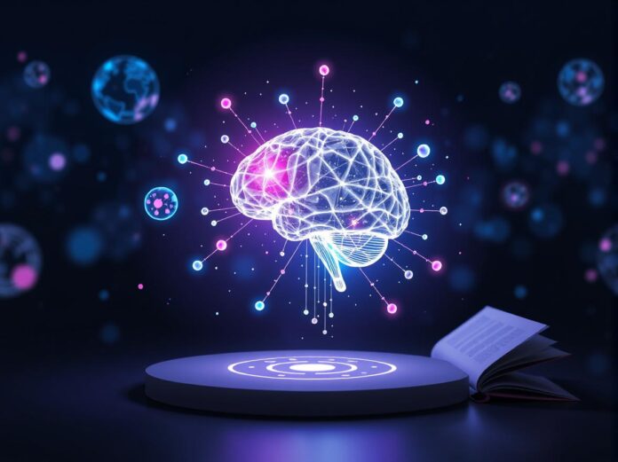 A futuristic illustration of Grok 3, the next-generation AI model, featuring a glowing holographic brain at the center surrounded by abstract neural networks and flowing data lines. The image includes symbolic elements like a globe, a book, and a stylized human figure, representing global impact, education, and human-AI collaboration. The color palette of blues, purples, and whites conveys a high-tech, innovative vibe, emphasizing the transformative potential of Grok 3 in industries like healthcare, education, and business.