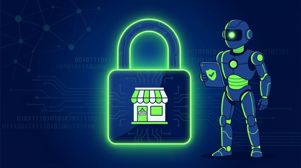 AI agent guarding a small business storefront with a digital padlock symbolizing data security