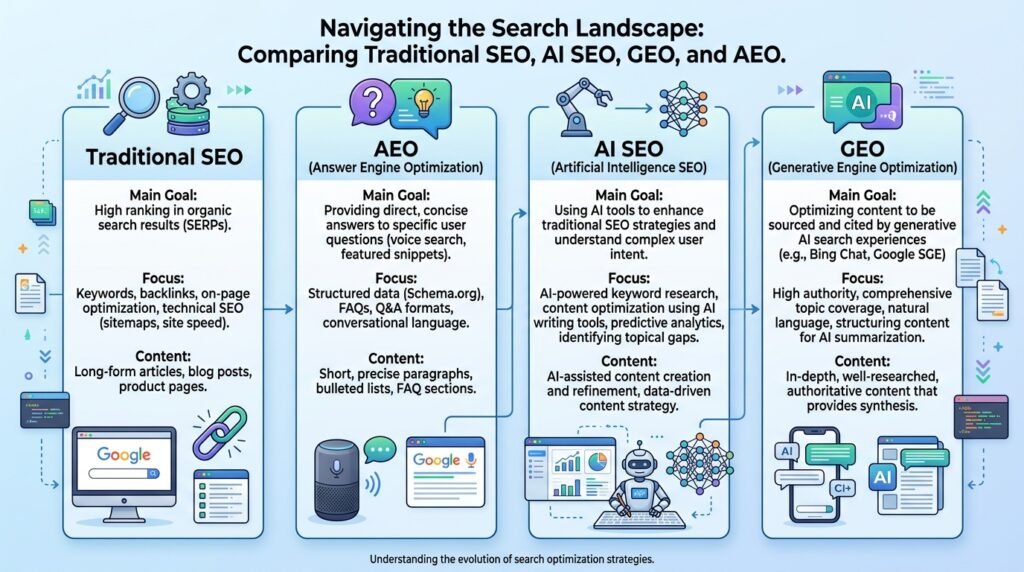 A 4-quadrant infographic display comparing traditional SEO, AEO, GEO, and holistic AI SEO strategy in a tech-lab setting.