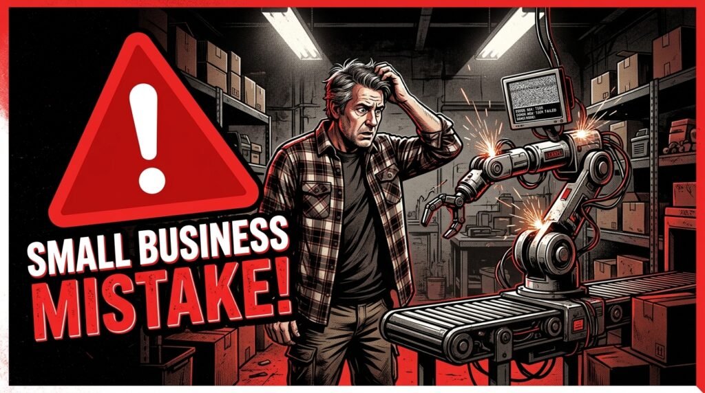 Confused small business owner facing a glitching AI agent illustrating common automation mistakes