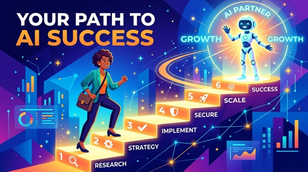 Small business owner climbing a step-by-step staircase toward an AI agent implementation guide