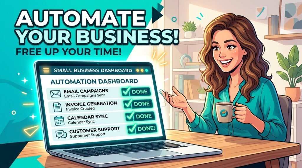 AI agents automating sales marketing and customer support icons around a small business owner