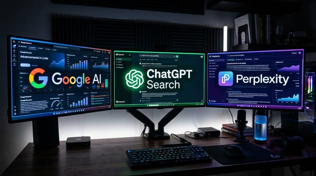 A dynamic multi-monitor array displaying side-by-side high-contrast user interfaces of Google AI, ChatGPT Search, and Perplexity.