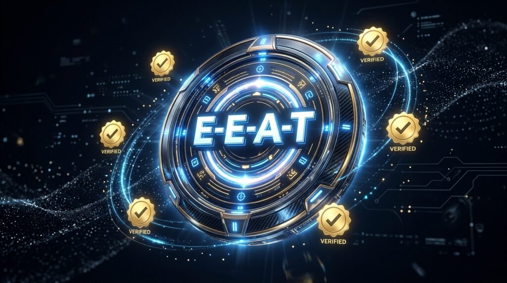 A metallic digital shield embossed with the letters E-E-A-T surrounded by floating gold verification checkmarks on an obsidian background.