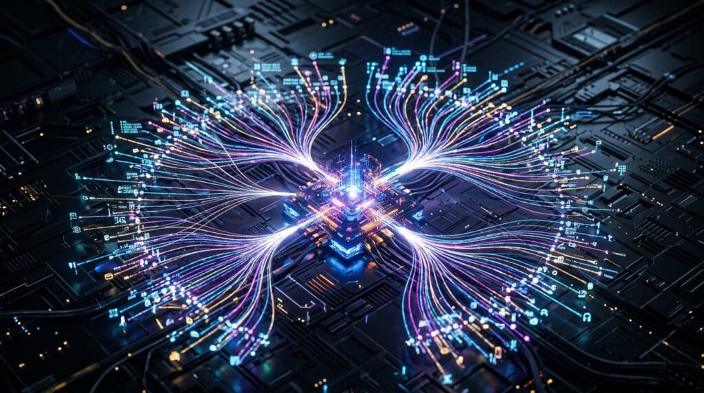 A complex holographic network of data nodes fanning out from a central terminal, representing a RAG search engine retrieval process.