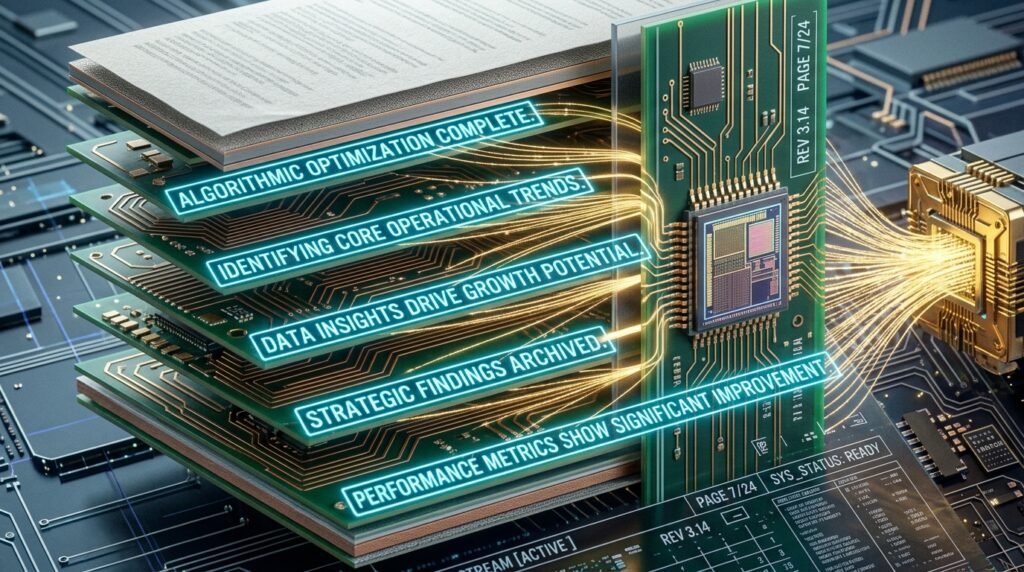 A macro cross-section view of a digital document with key sentences glowing in cyan light as they are extracted by golden beams.