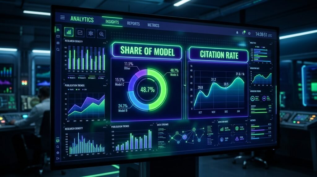 A futuristic analytics dashboard displaying glowing charts for tracking Share of Model and AI citation rates.
