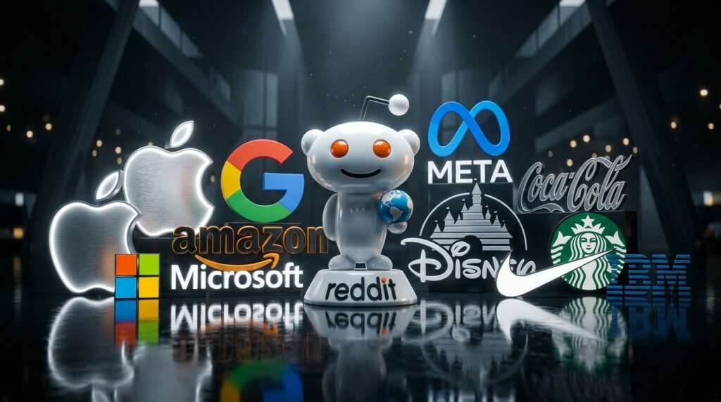 A 3D rendering of the Reddit logo standing out among a cluster of corporate brand logos on a dark reflective surface.