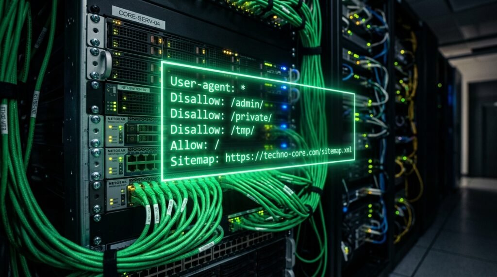 A glowing holographic projection of a clean robots.txt file code floating in front of a high-tech green server rack.