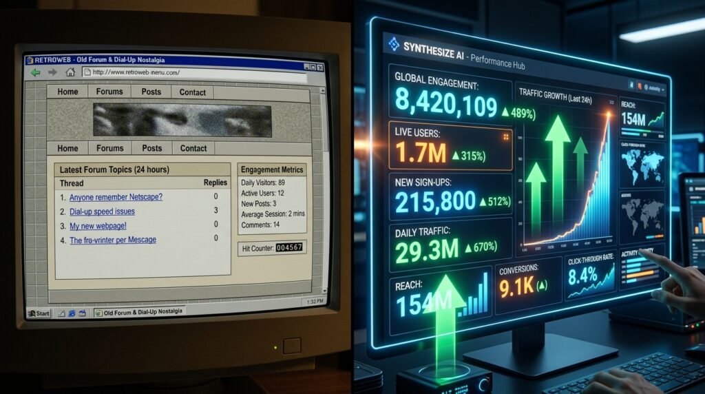 A split screen showing a traditional low-traffic webpage versus a modern AI interface with exploding traffic growth arrows.